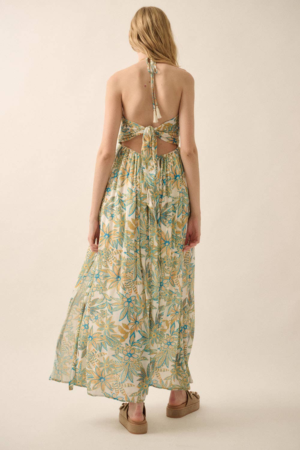 Floral Crepe Tie-Back Halter Maxi Dress
