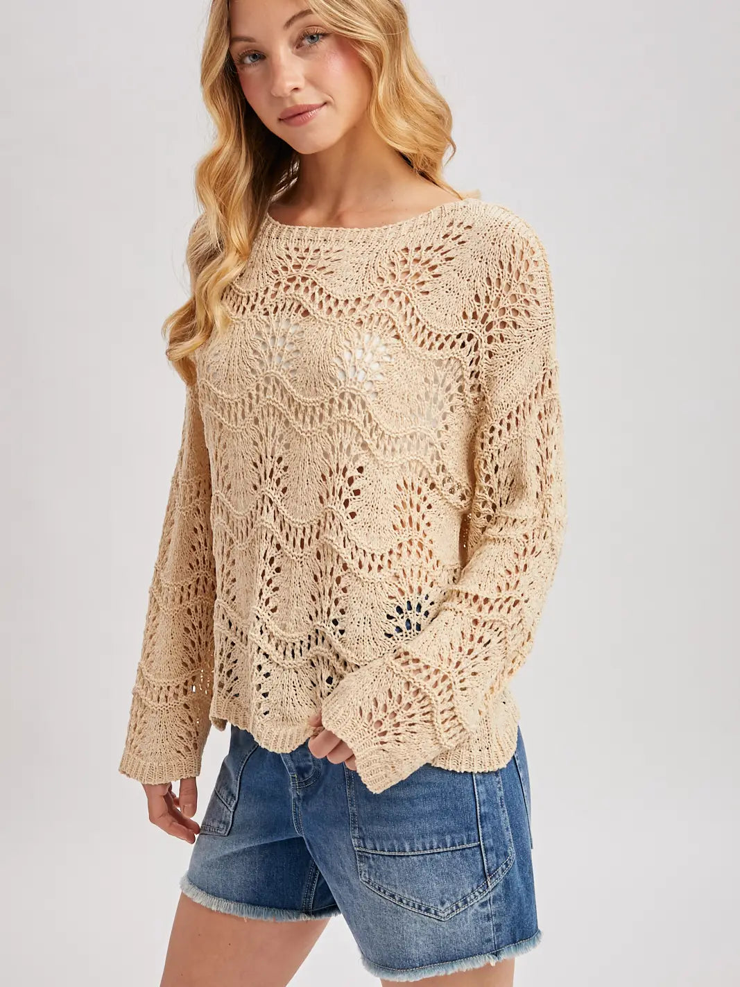 Wave Stitch Open-Knit Pullover