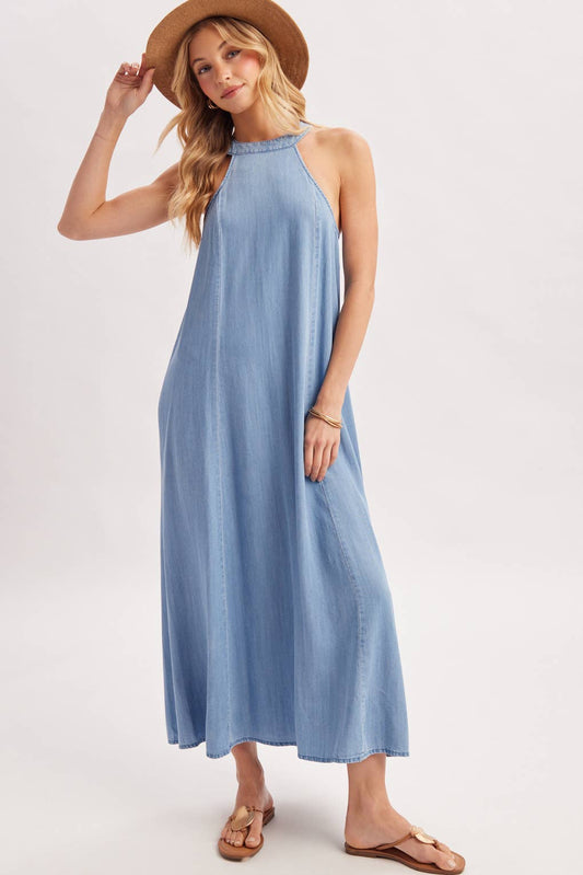 WASHED DENIM HALTER MAXI DRESS