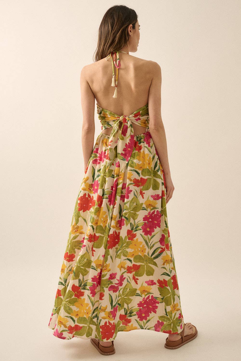 Floral-Print Tie-Back Halter Maxi Dress