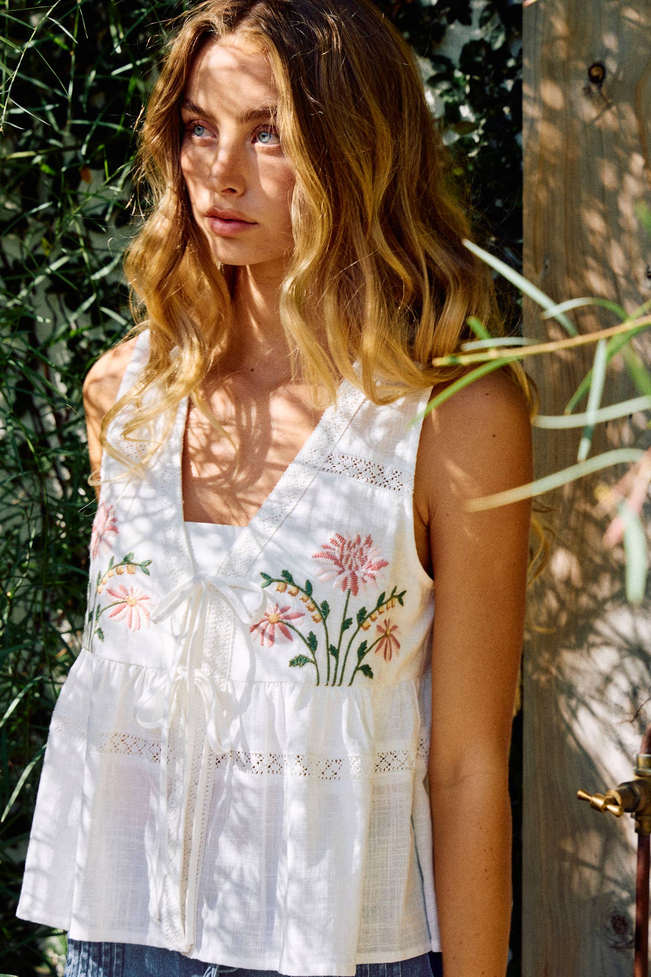 Embroidered Floral Tie-Front Top