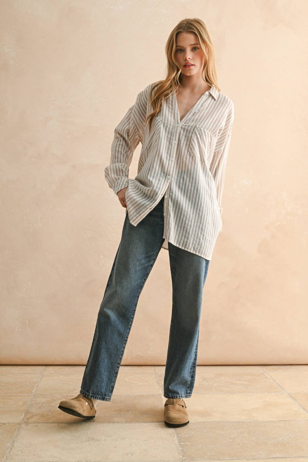 Classic Striped Cotton Button-Down Top