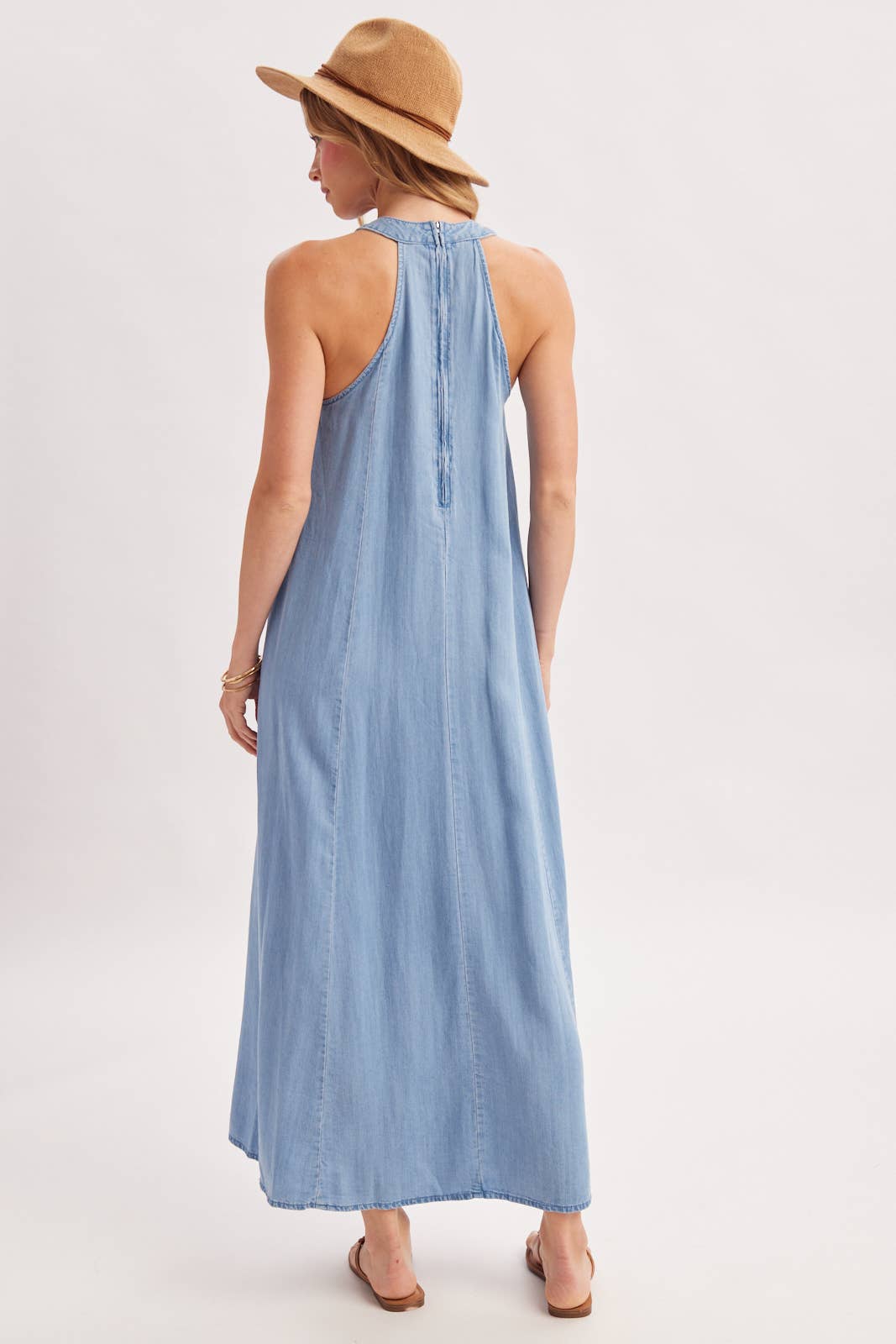 WASHED DENIM HALTER MAXI DRESS