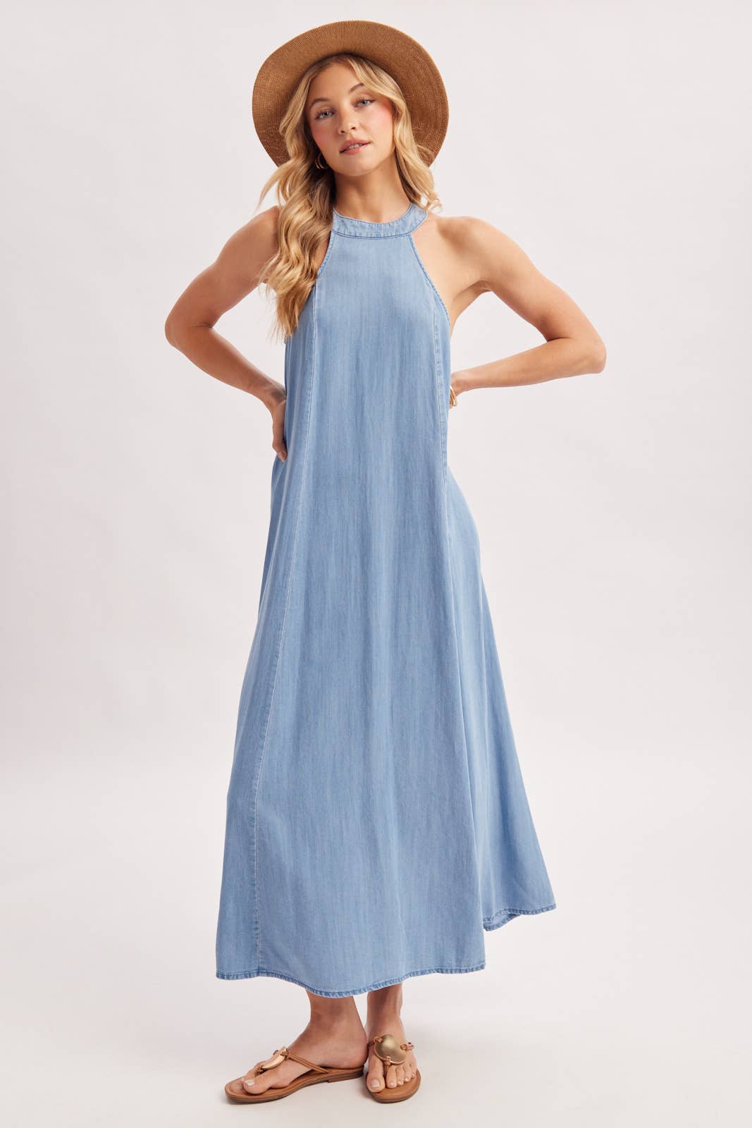 WASHED DENIM HALTER MAXI DRESS