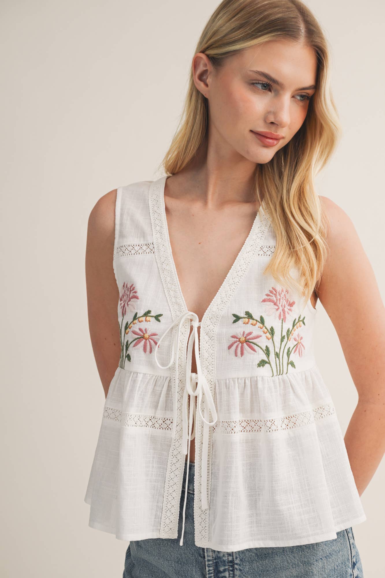 Embroidered Floral Tie-Front Top