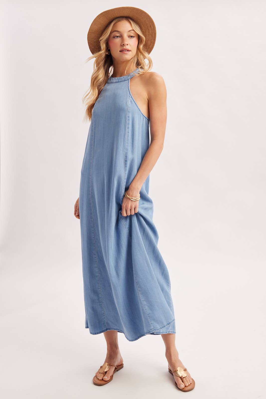 WASHED DENIM HALTER MAXI DRESS
