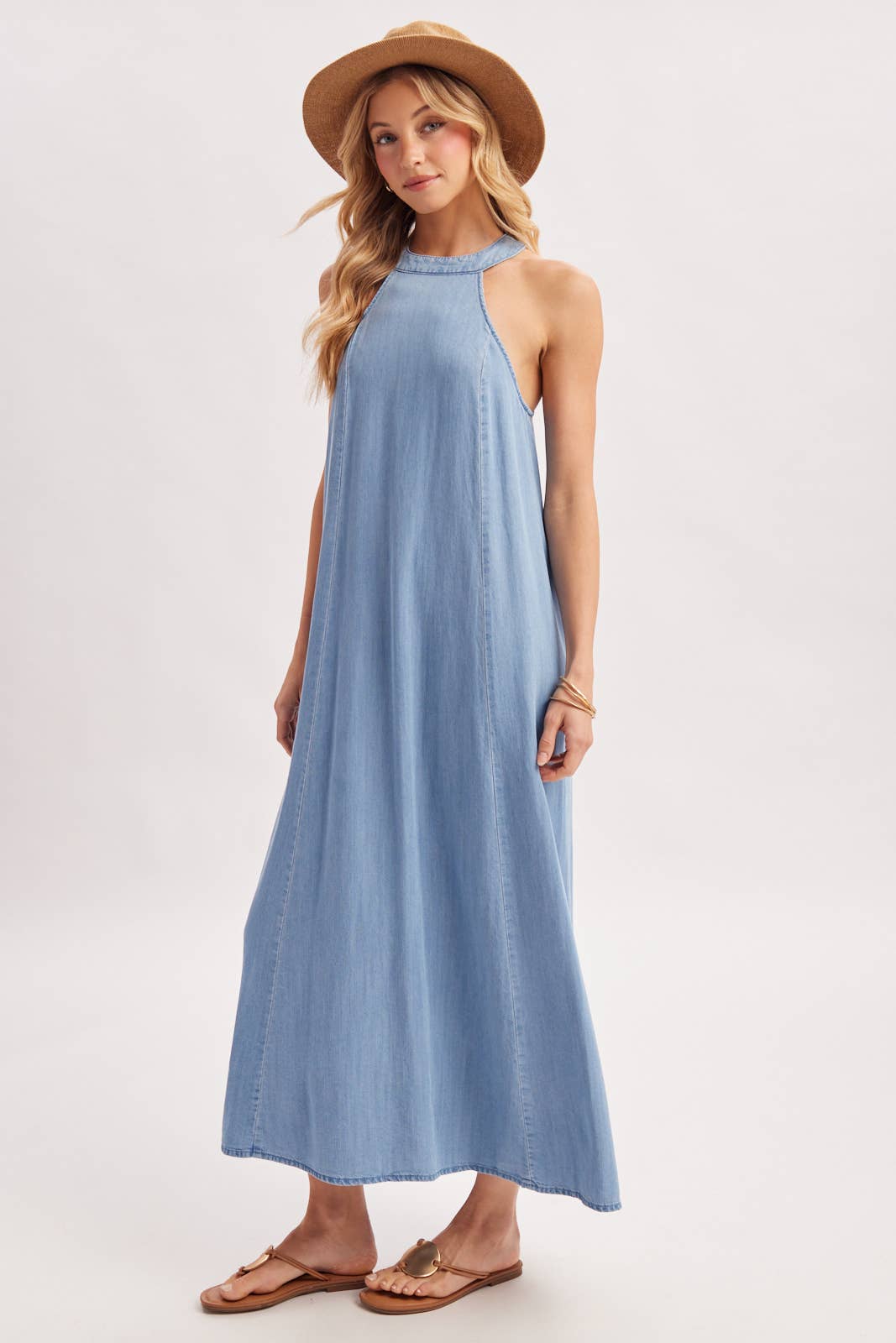 WASHED DENIM HALTER MAXI DRESS