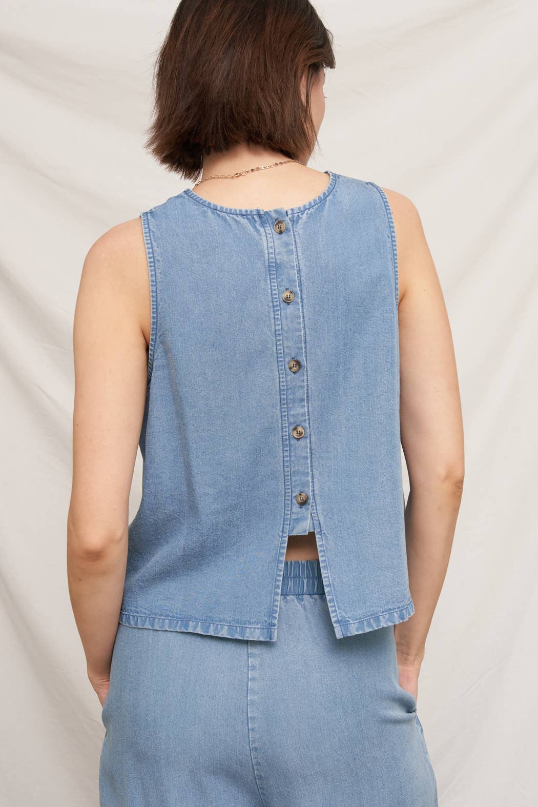 Back Button Sleeveless Denim Top