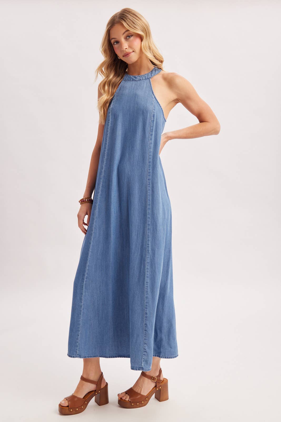 WASHED DENIM HALTER MAXI DRESS