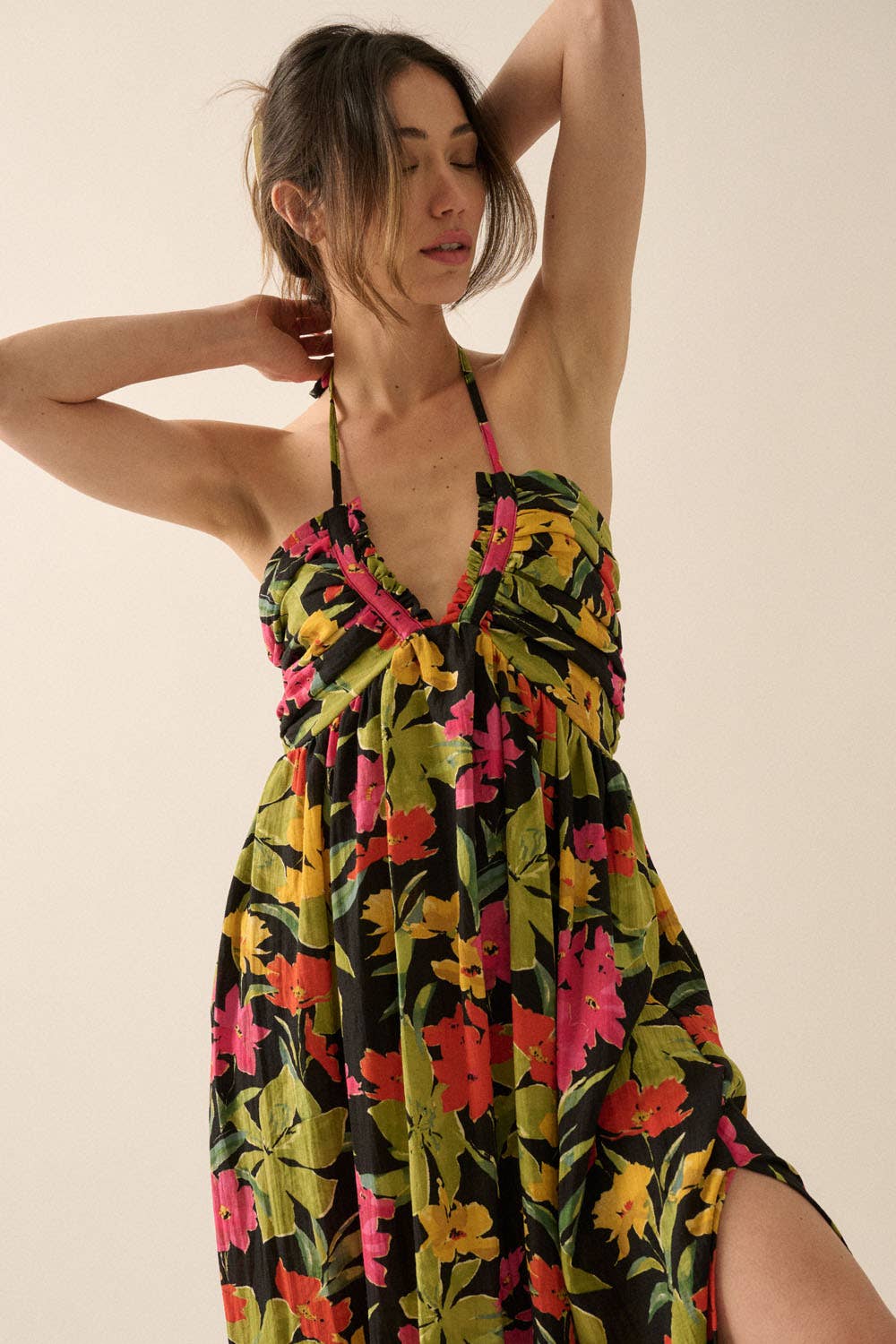 Floral-Print Tie-Back Halter Maxi Dress
