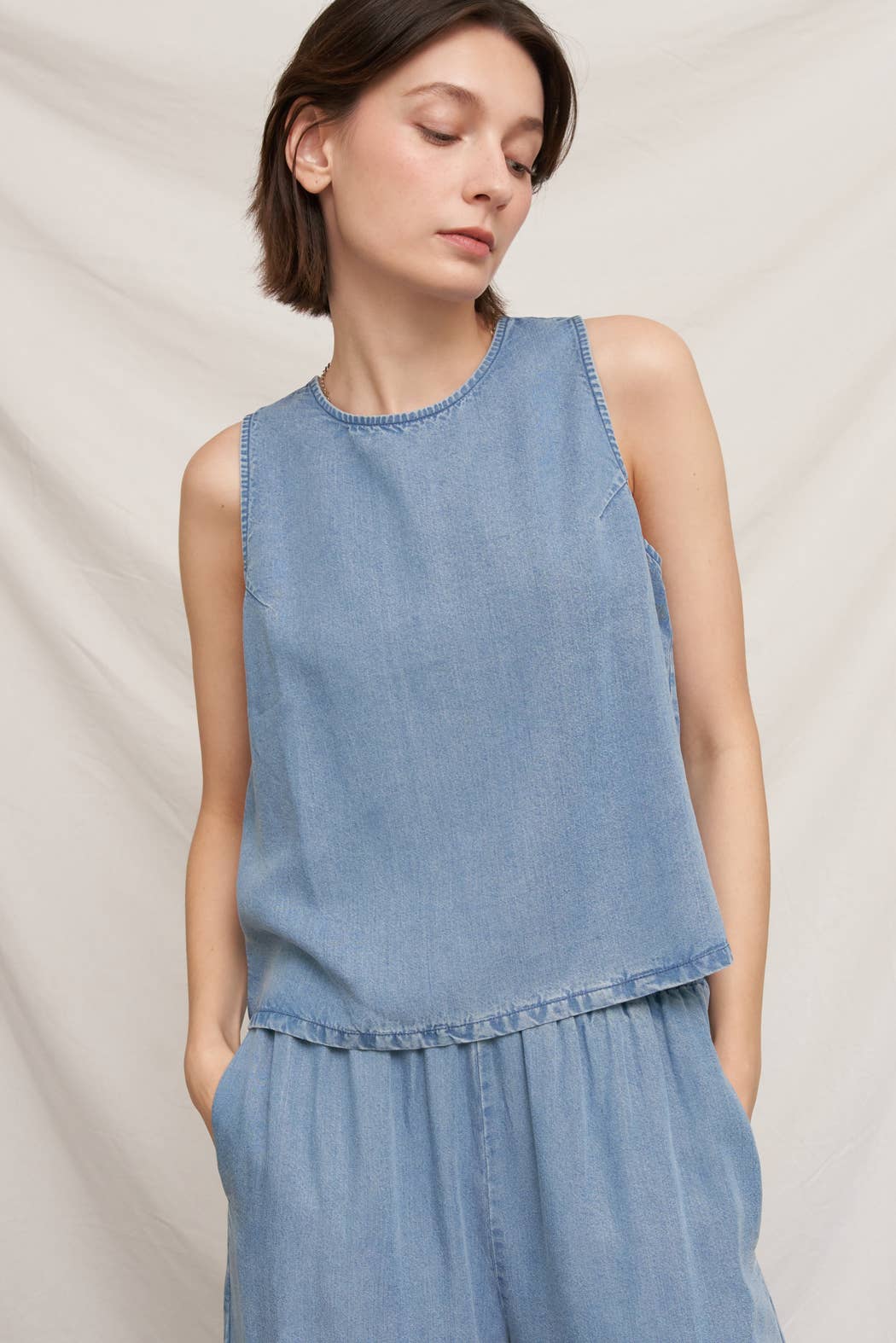 Back Button Sleeveless Denim Top