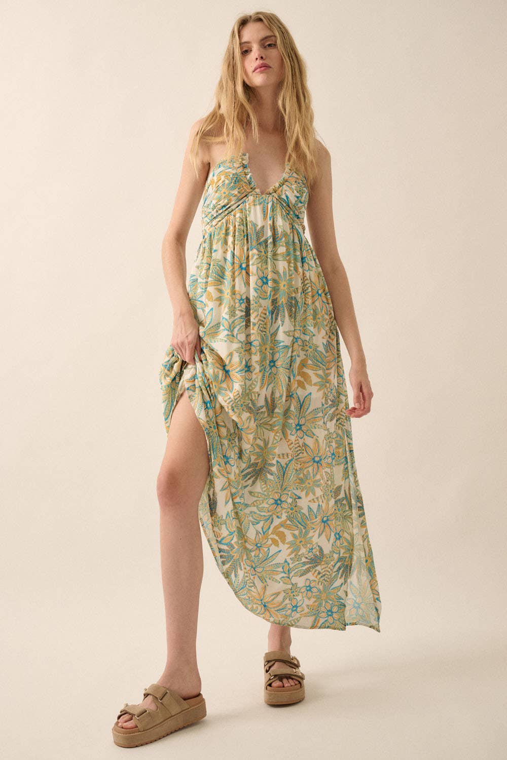 Floral Crepe Tie-Back Halter Maxi Dress