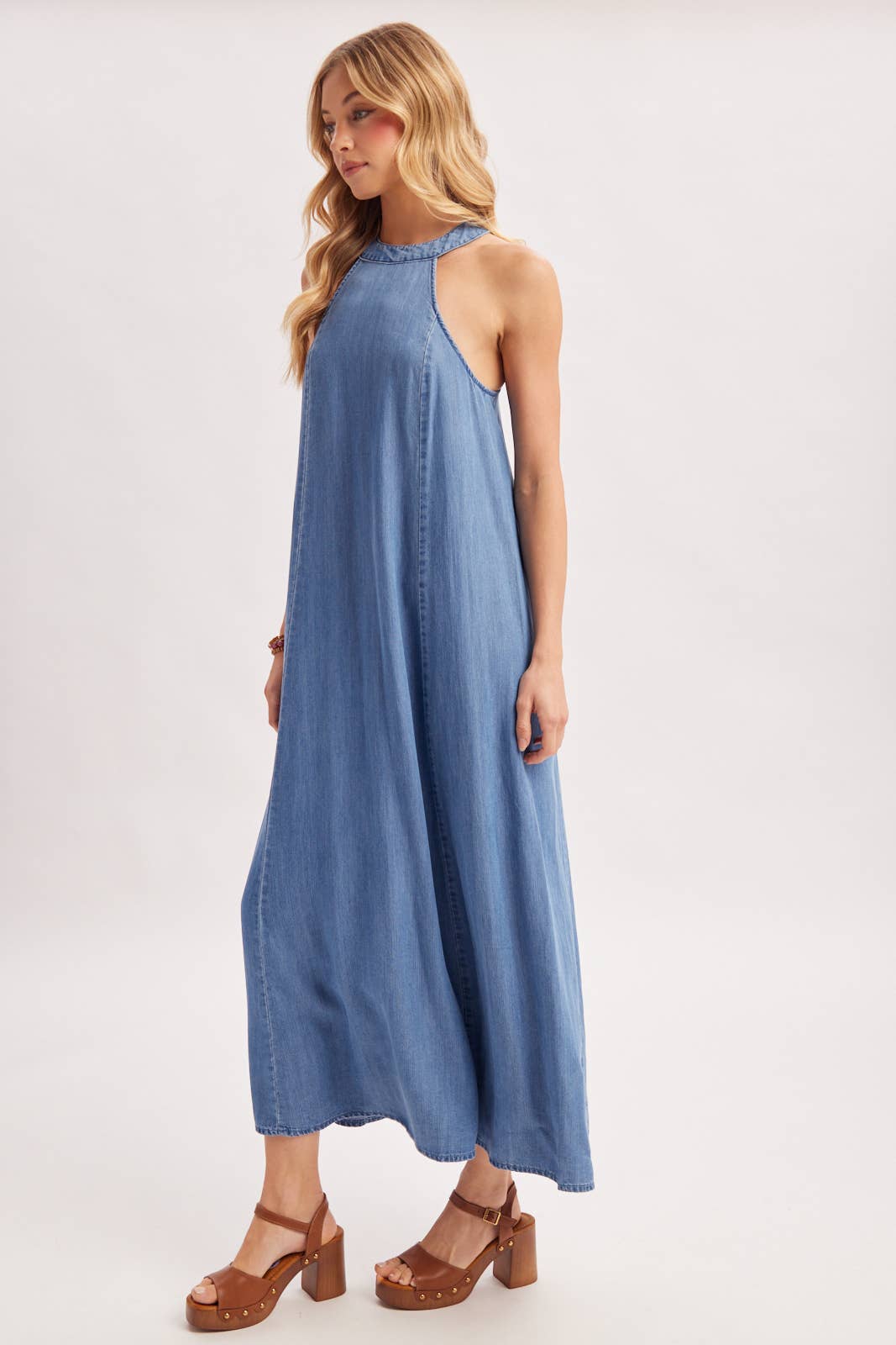 WASHED DENIM HALTER MAXI DRESS