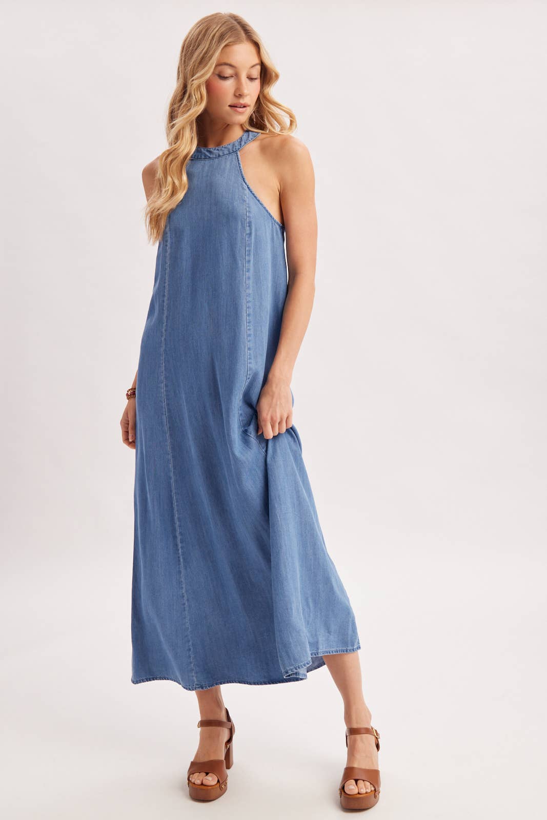 WASHED DENIM HALTER MAXI DRESS