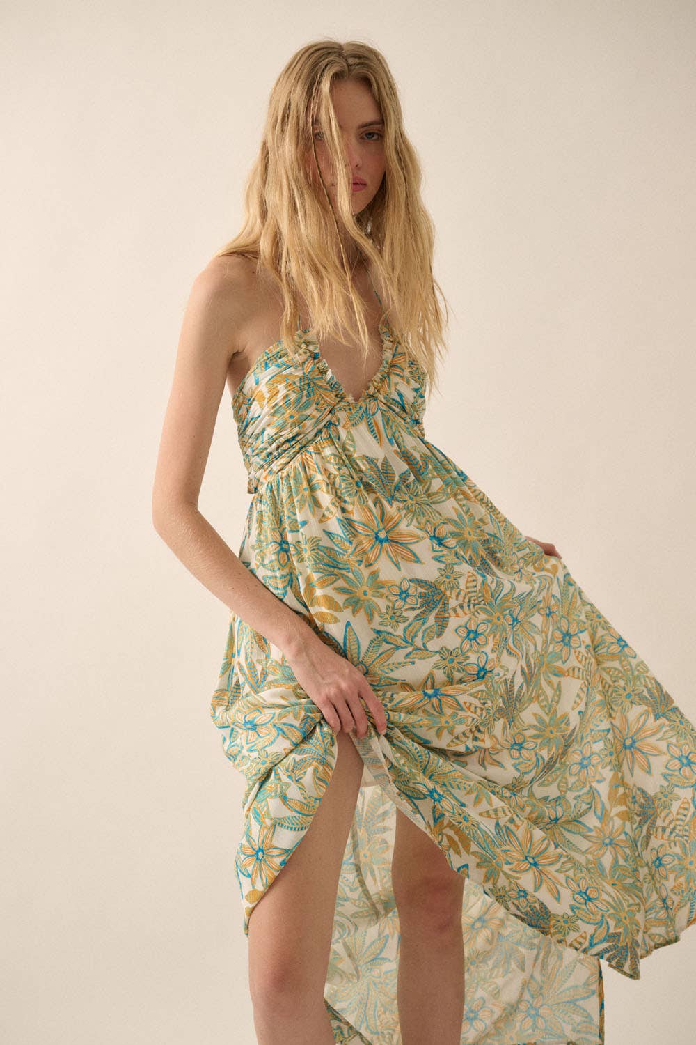 Floral Crepe Tie-Back Halter Maxi Dress