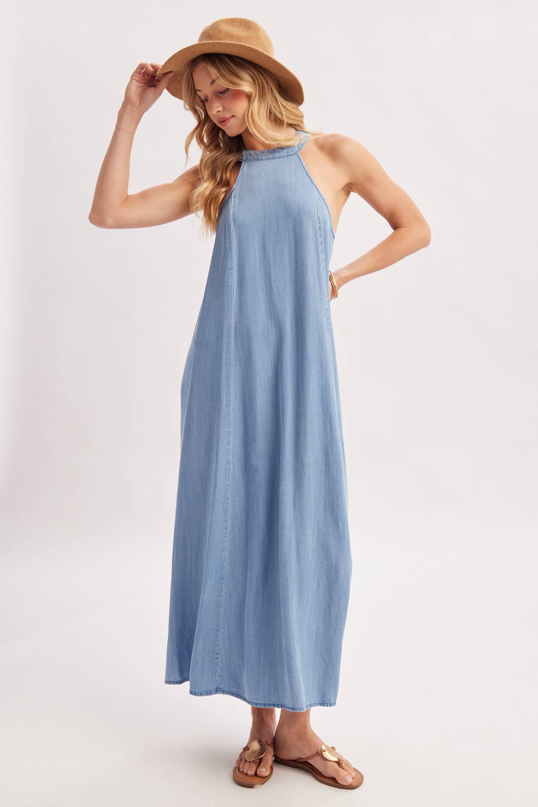 WASHED DENIM HALTER MAXI DRESS