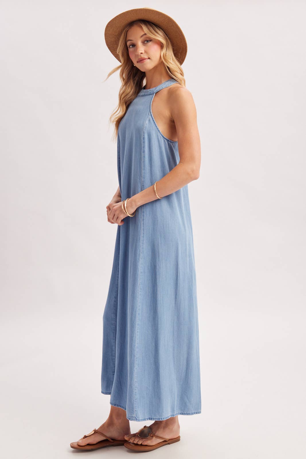 WASHED DENIM HALTER MAXI DRESS