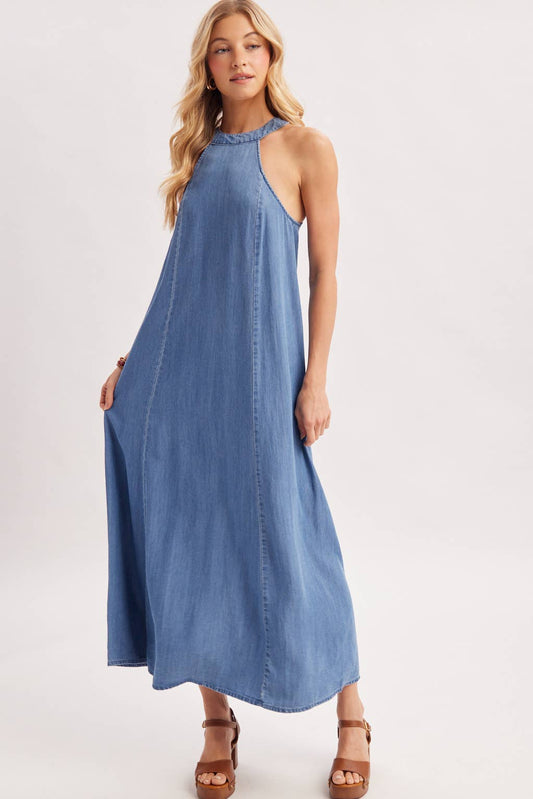 WASHED DENIM HALTER MAXI DRESS