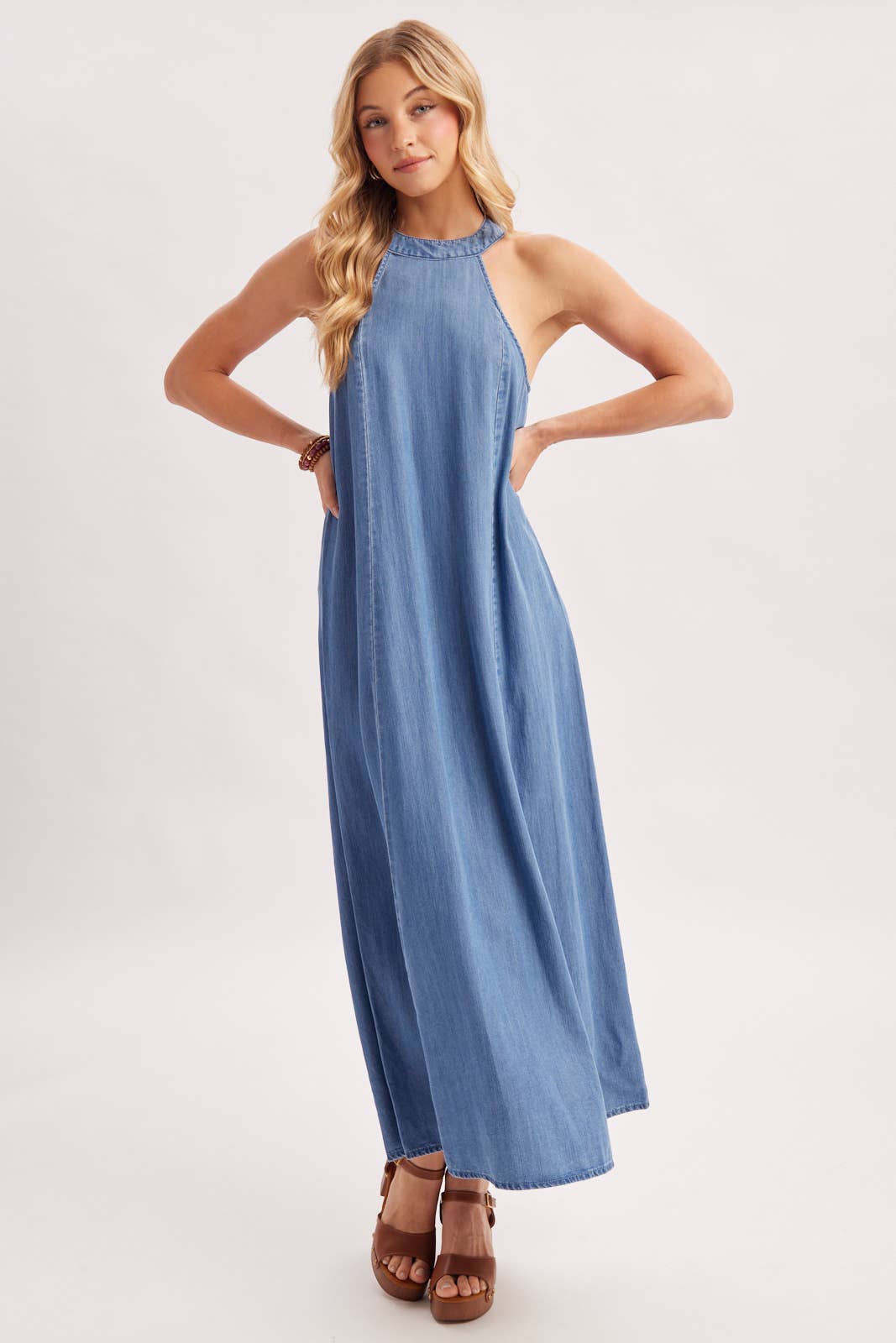 WASHED DENIM HALTER MAXI DRESS