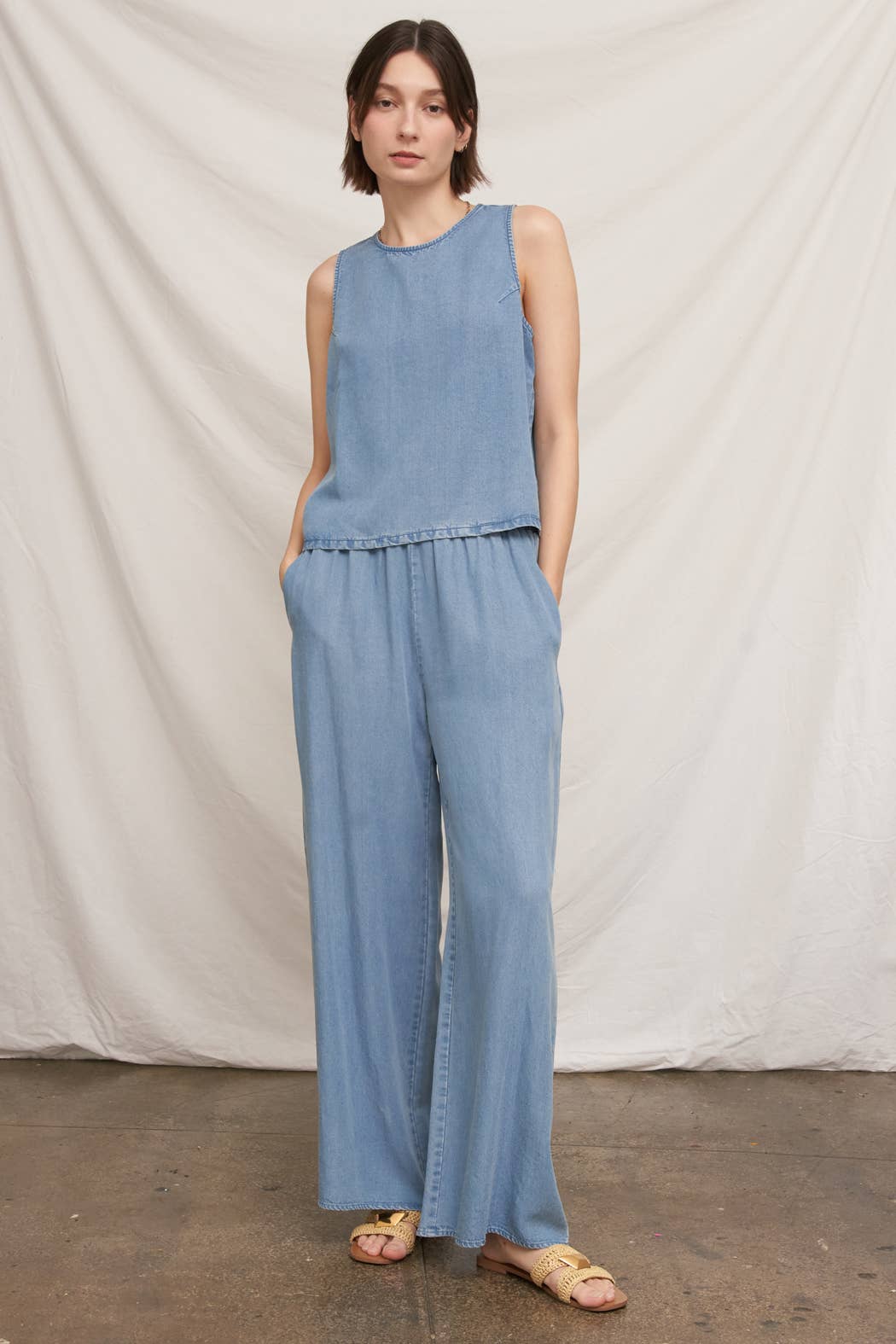 Back Button Sleeveless Denim Top