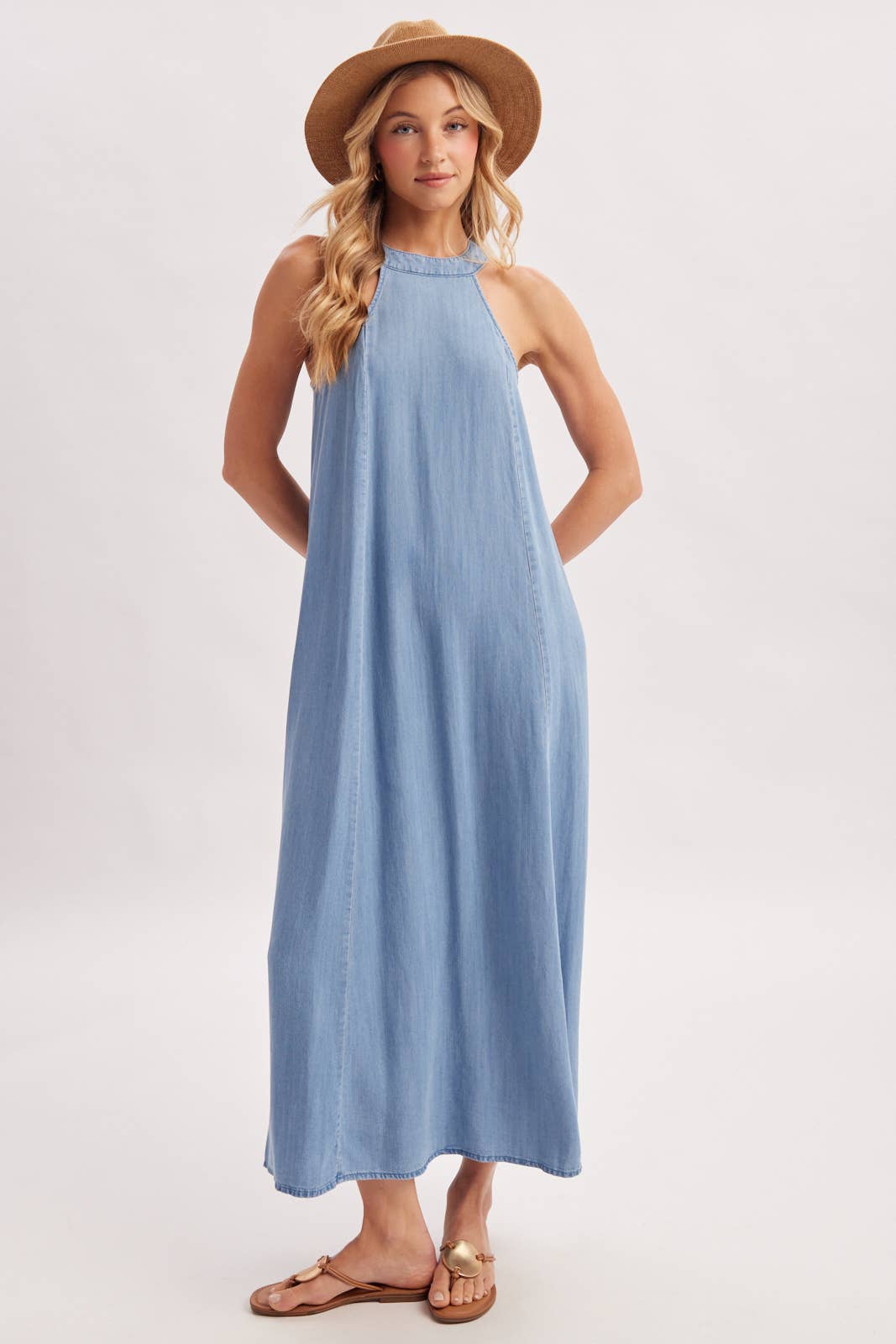 WASHED DENIM HALTER MAXI DRESS