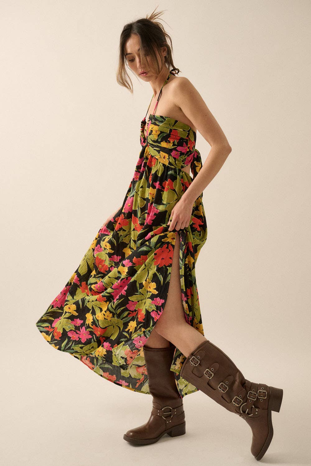 Floral-Print Tie-Back Halter Maxi Dress