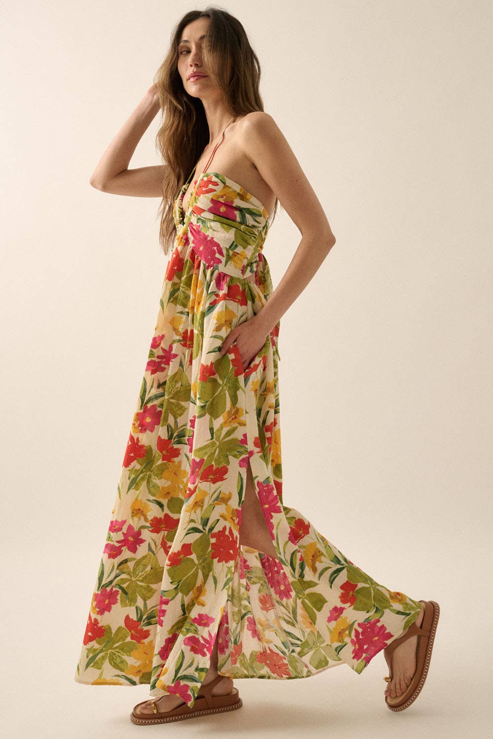 Floral-Print Tie-Back Halter Maxi Dress