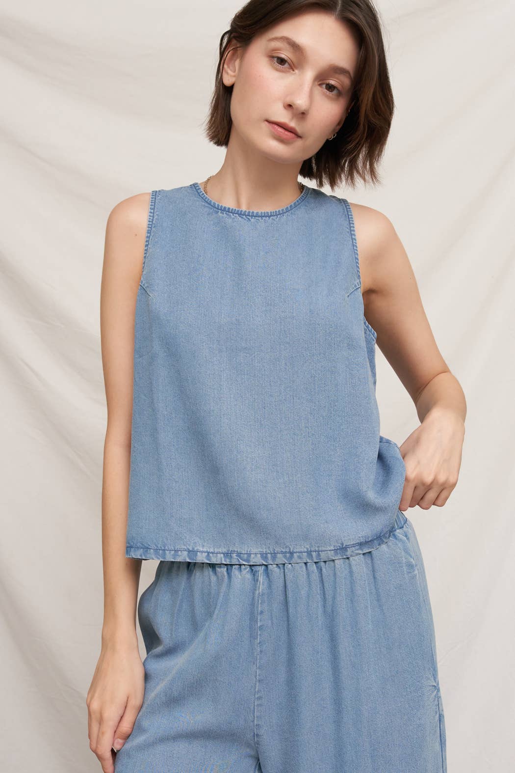 Back Button Sleeveless Denim Top