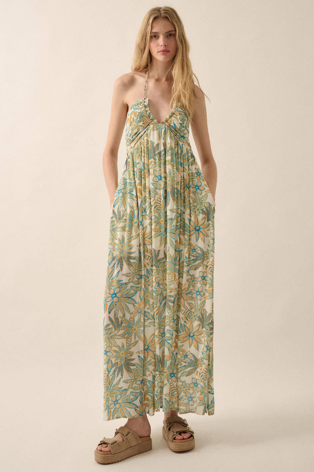 Floral Crepe Tie-Back Halter Maxi Dress