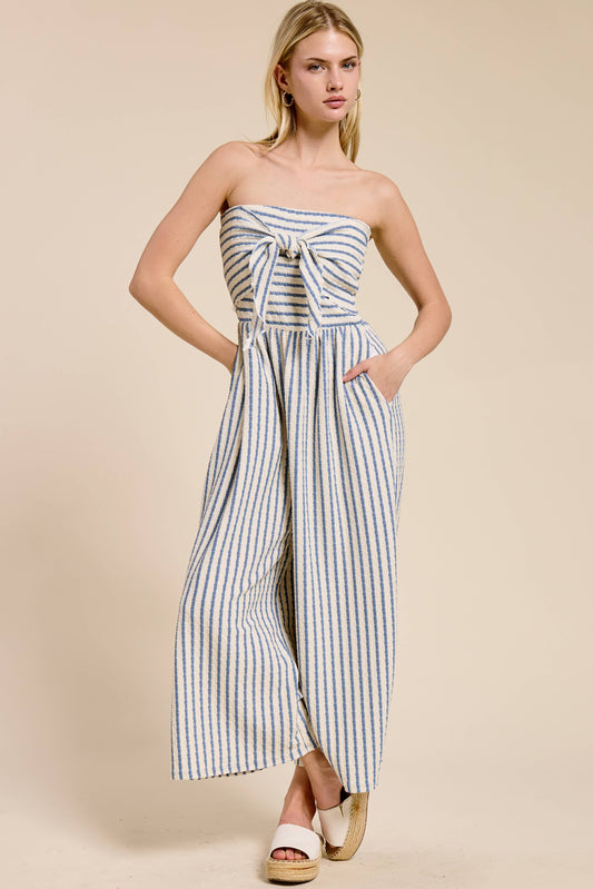 Striped Coastal Tie-Front Strapless Jumpsuit