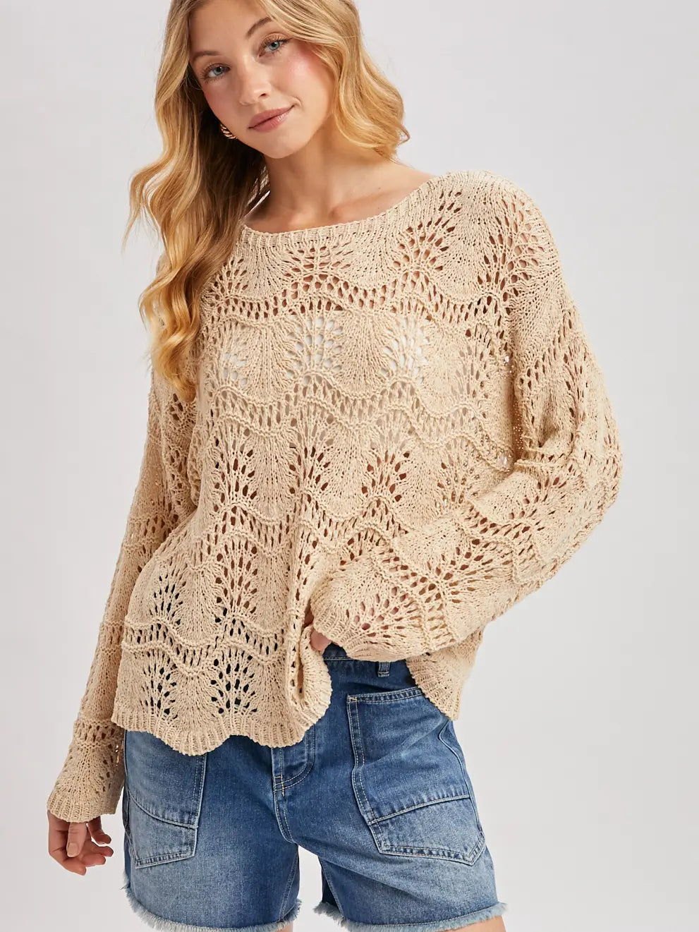 Wave Stitch Open-Knit Pullover