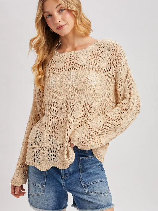 Wave Stitch Open-Knit Pullover
