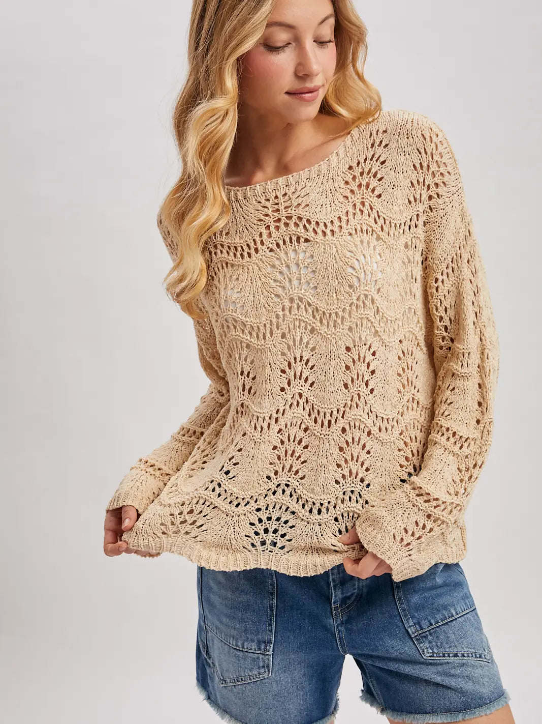 Wave Stitch Open-Knit Pullover