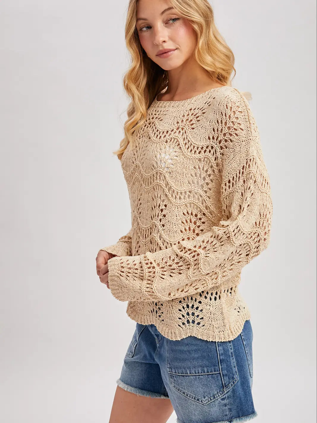 Wave Stitch Open-Knit Pullover
