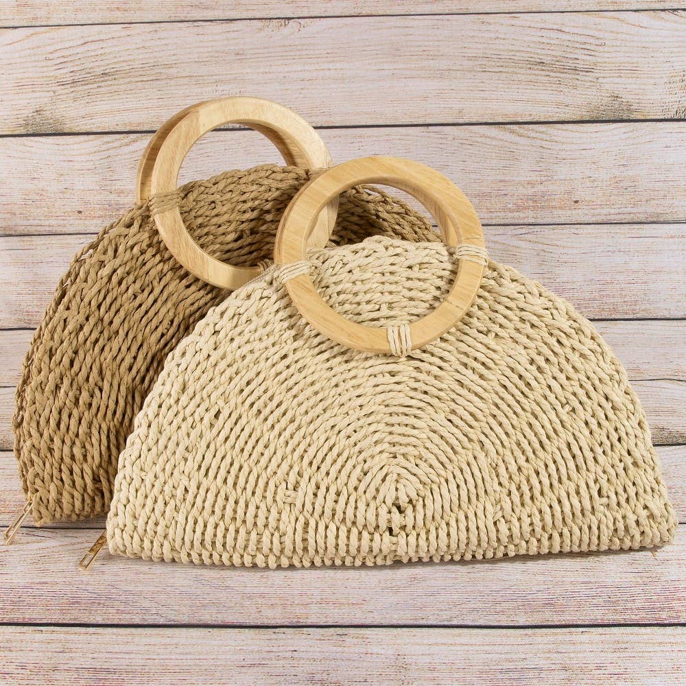 Straw Woven Half Moon Round Top Handle Bag