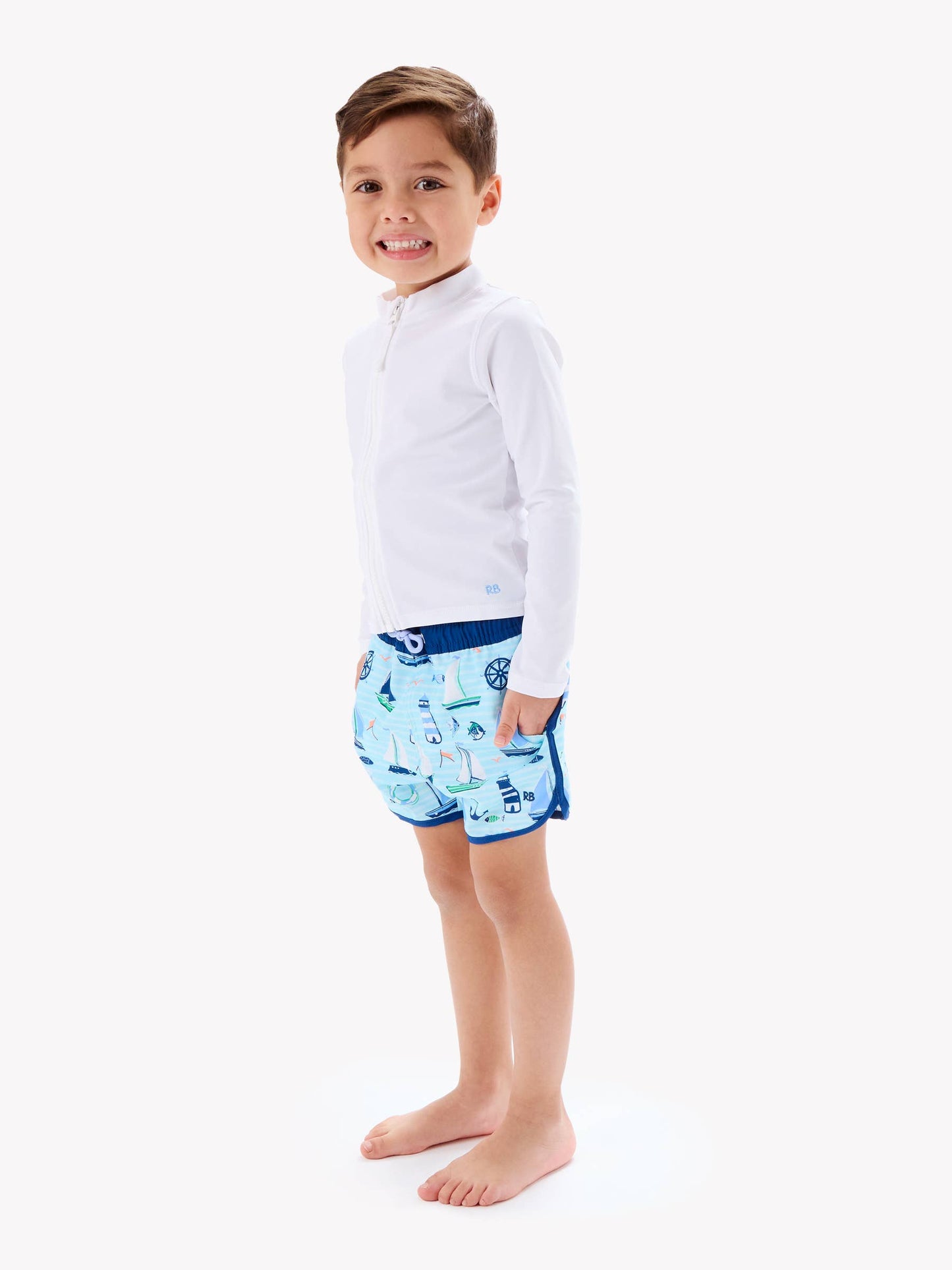Boys Blue Sweet Sails Performance Hybrid Dolphin Hem Swim Trunks