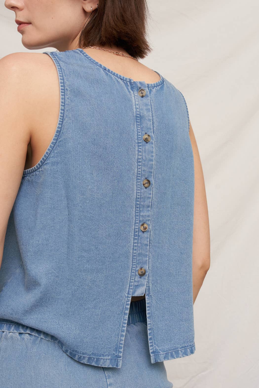 Back Button Sleeveless Denim Top