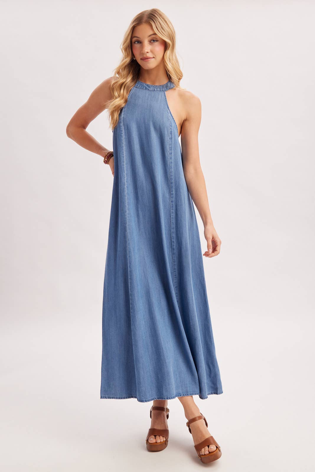 WASHED DENIM HALTER MAXI DRESS