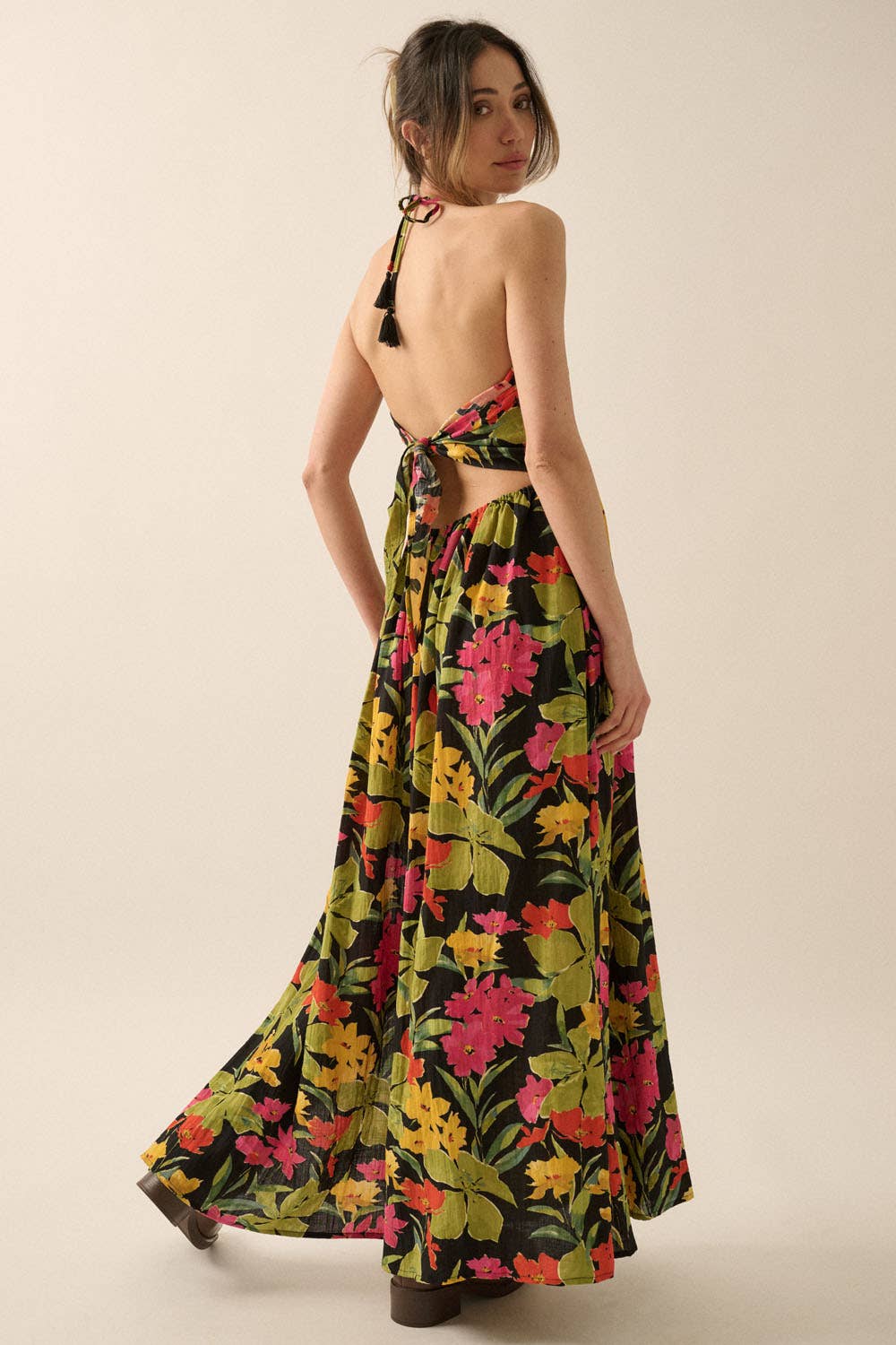 Floral-Print Tie-Back Halter Maxi Dress