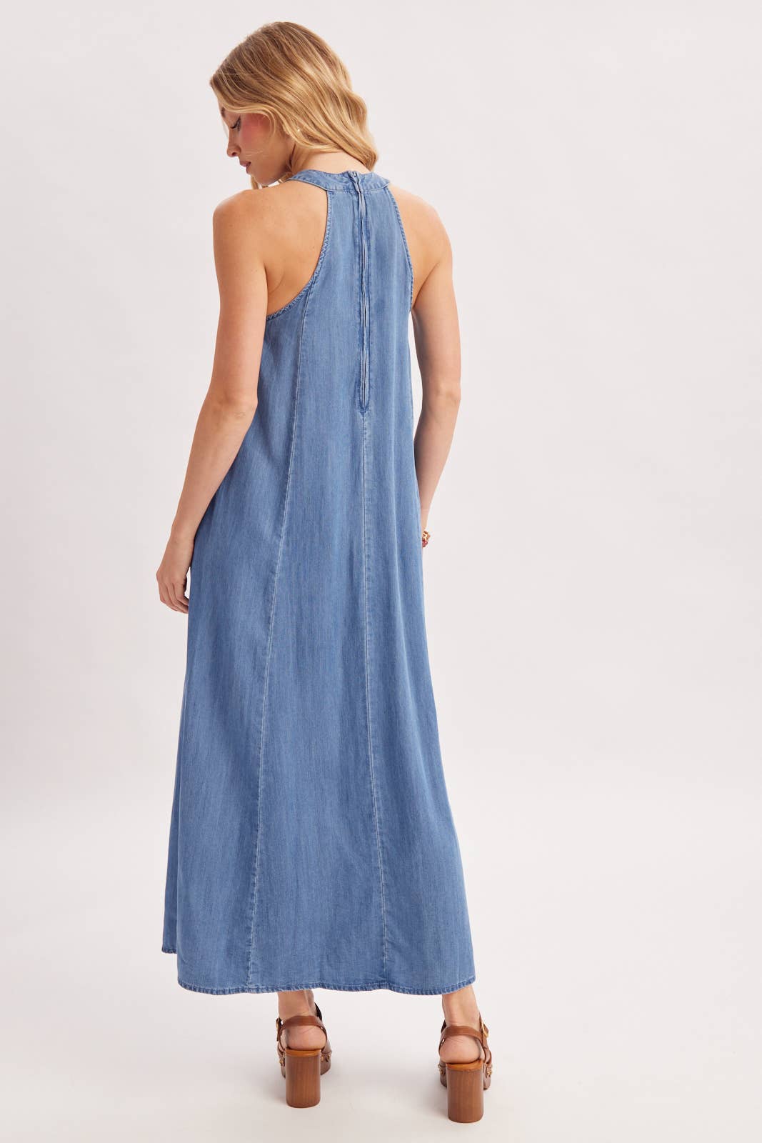 WASHED DENIM HALTER MAXI DRESS