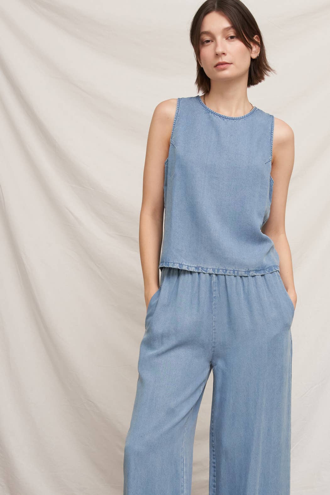 Back Button Sleeveless Denim Top