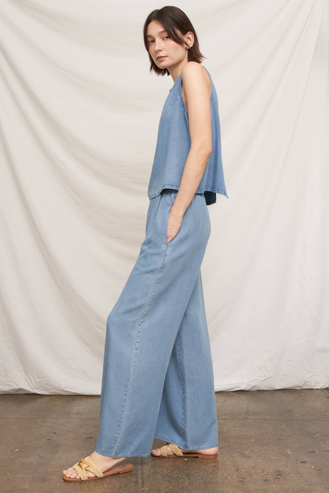 Back Button Sleeveless Denim Top