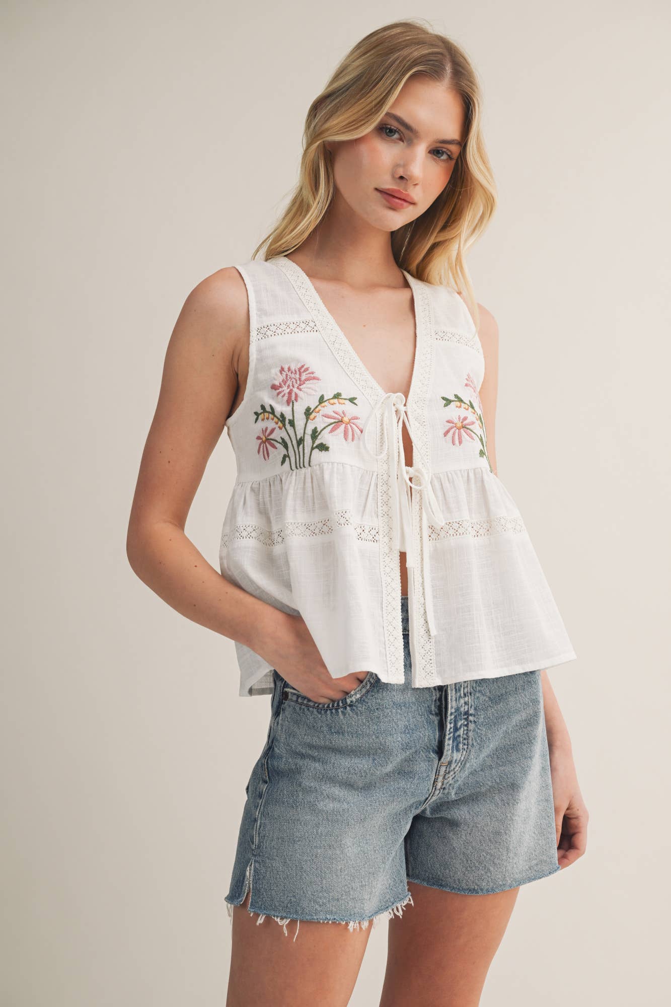 Embroidered Floral Tie-Front Top