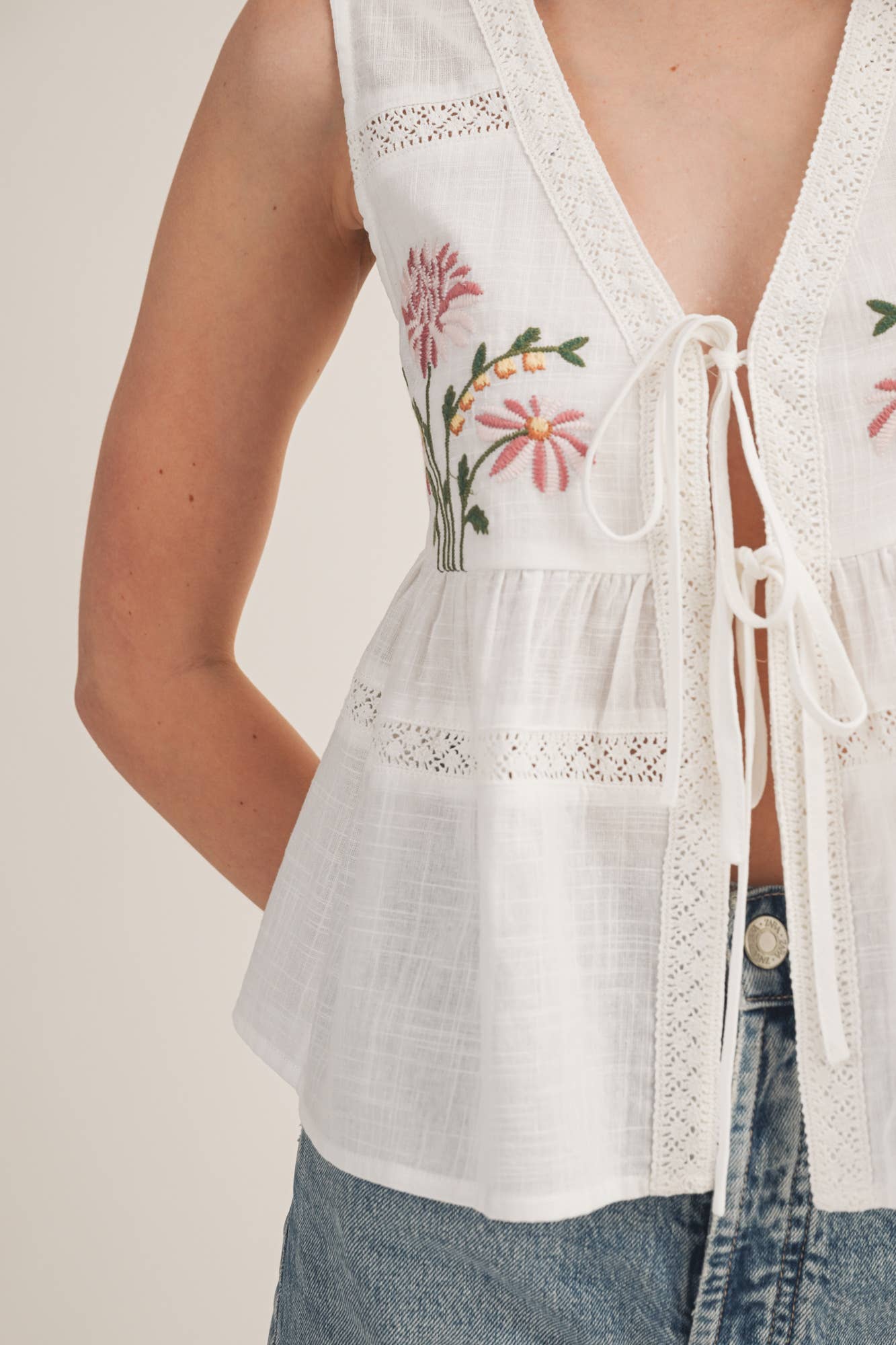 Embroidered Floral Tie-Front Top