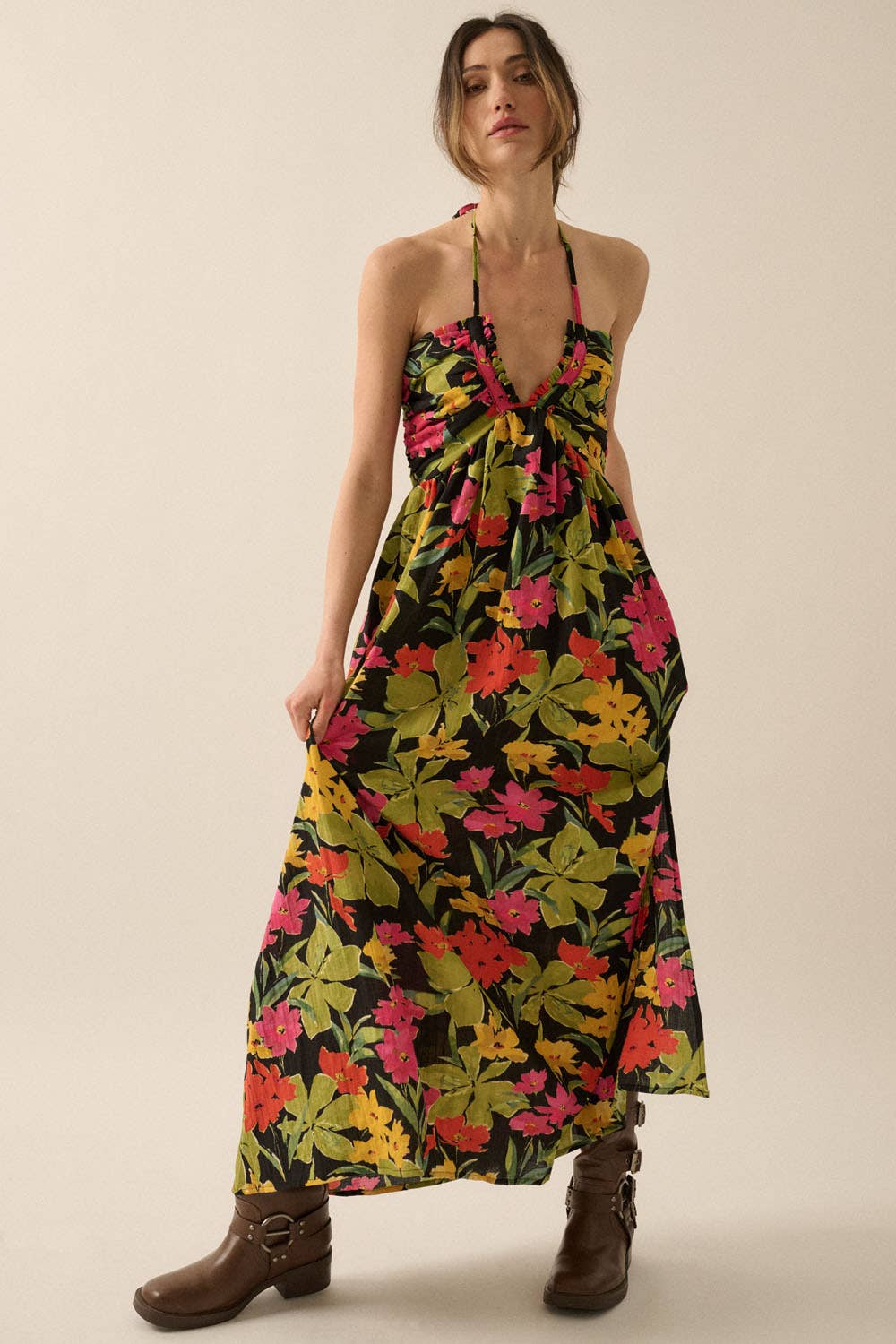 Floral-Print Tie-Back Halter Maxi Dress
