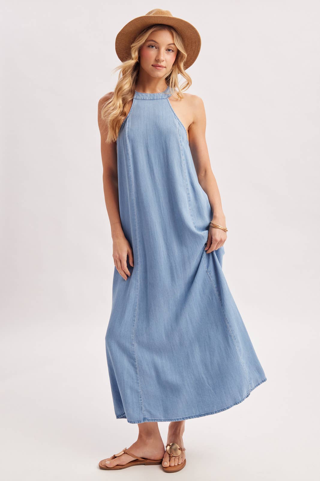 WASHED DENIM HALTER MAXI DRESS
