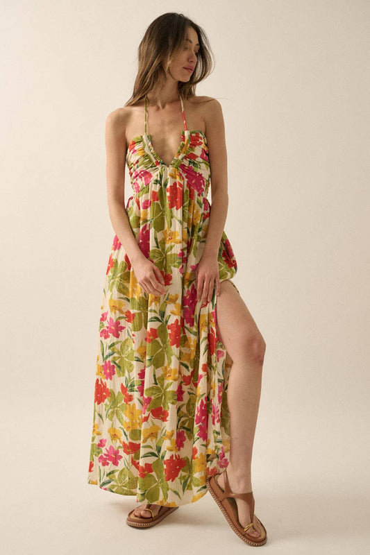Floral-Print Tie-Back Halter Maxi Dress
