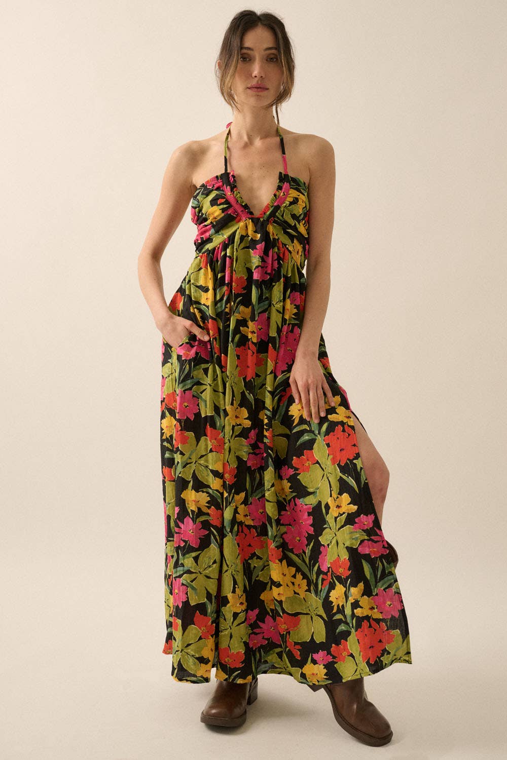 Floral-Print Tie-Back Halter Maxi Dress