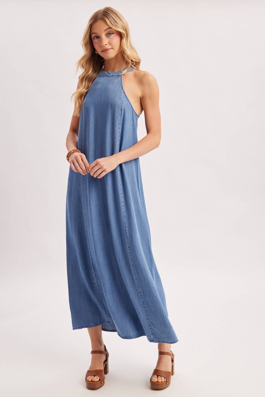 WASHED DENIM HALTER MAXI DRESS