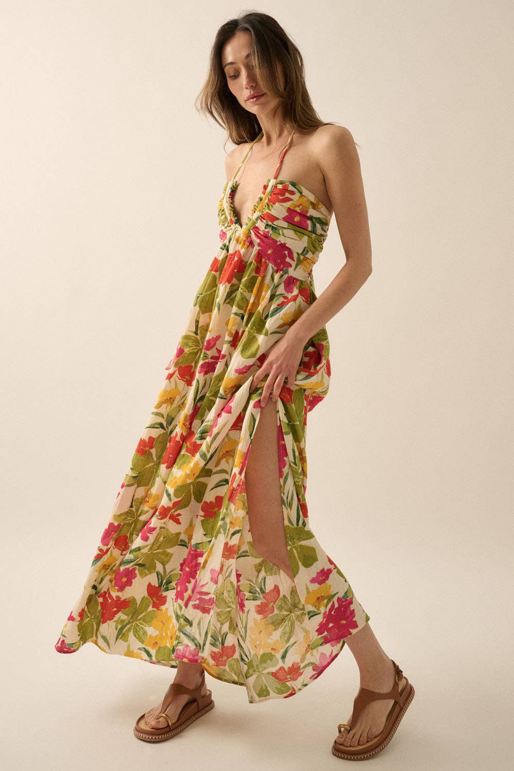 Floral-Print Tie-Back Halter Maxi Dress